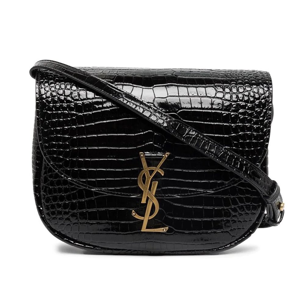 Saint Laurent Kaia Black Croc-Embossed Shoulder Bag
